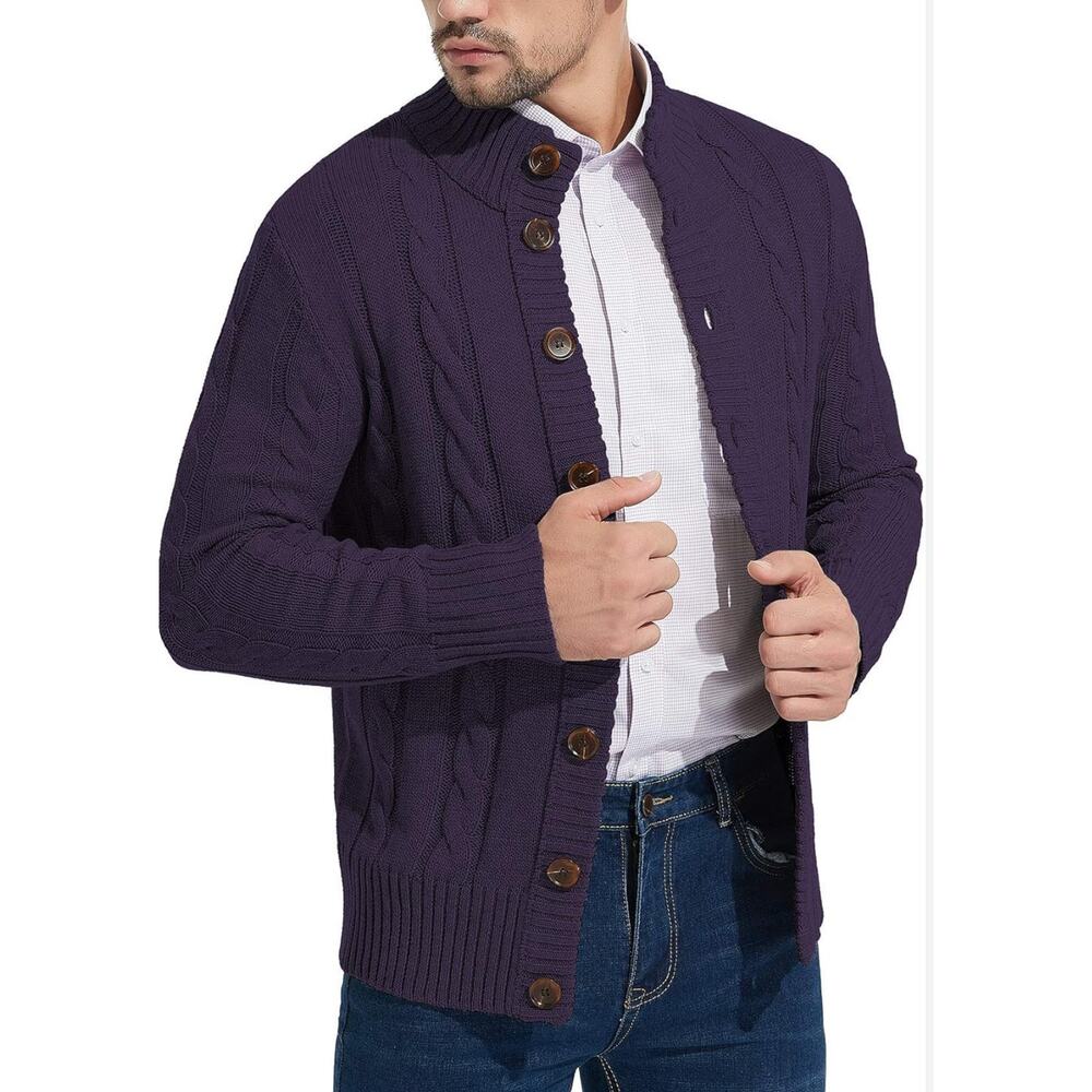 NITAGUT Mens Small Purple Stand Collar Cable Knit Sweater Cardigan Fisherman NWT